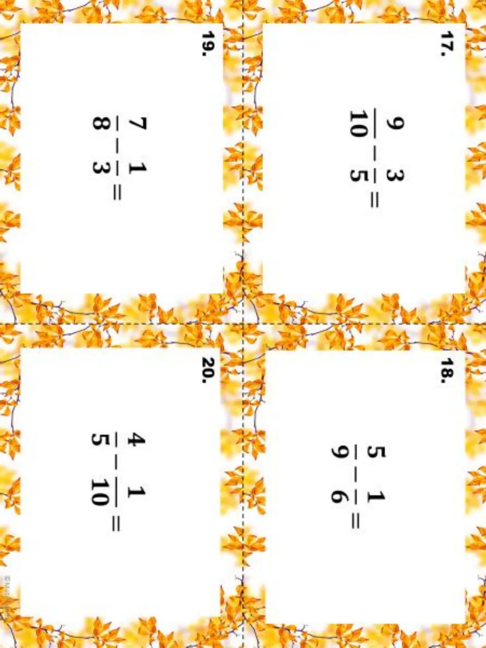 Fraction subtraction task cards 17–20: 9/10 − 3/5, 5/9 − 1/6, 7/8 − 1/3, and 4/5 − 1/10