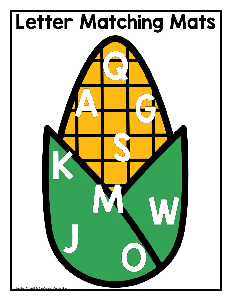 Uppercase corn letter matching mat for magnets or letter tiles, featuring Q, A, G, S, K, M, W, J and O