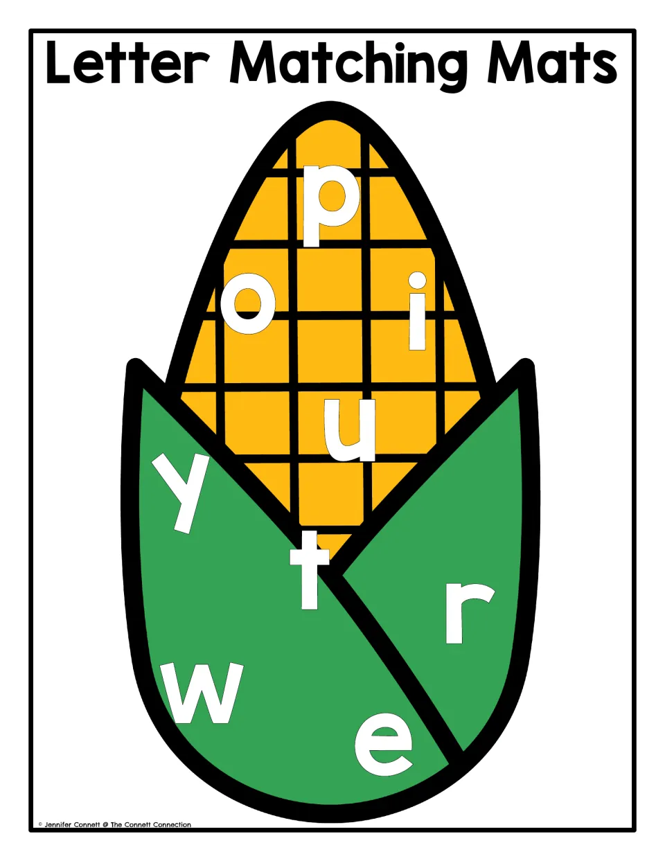 Lowercase corn letter matching mat for magnets or letter tiles, featuring p, o, i, u, y, t, r, w and e