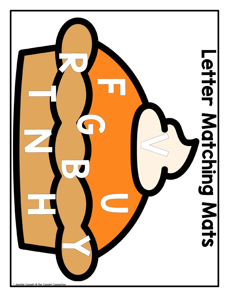 Uppercase pumpkin pie letter matching mat for magnets or tiles, featuring V, F, U, R, G, B, Y, T, N and H