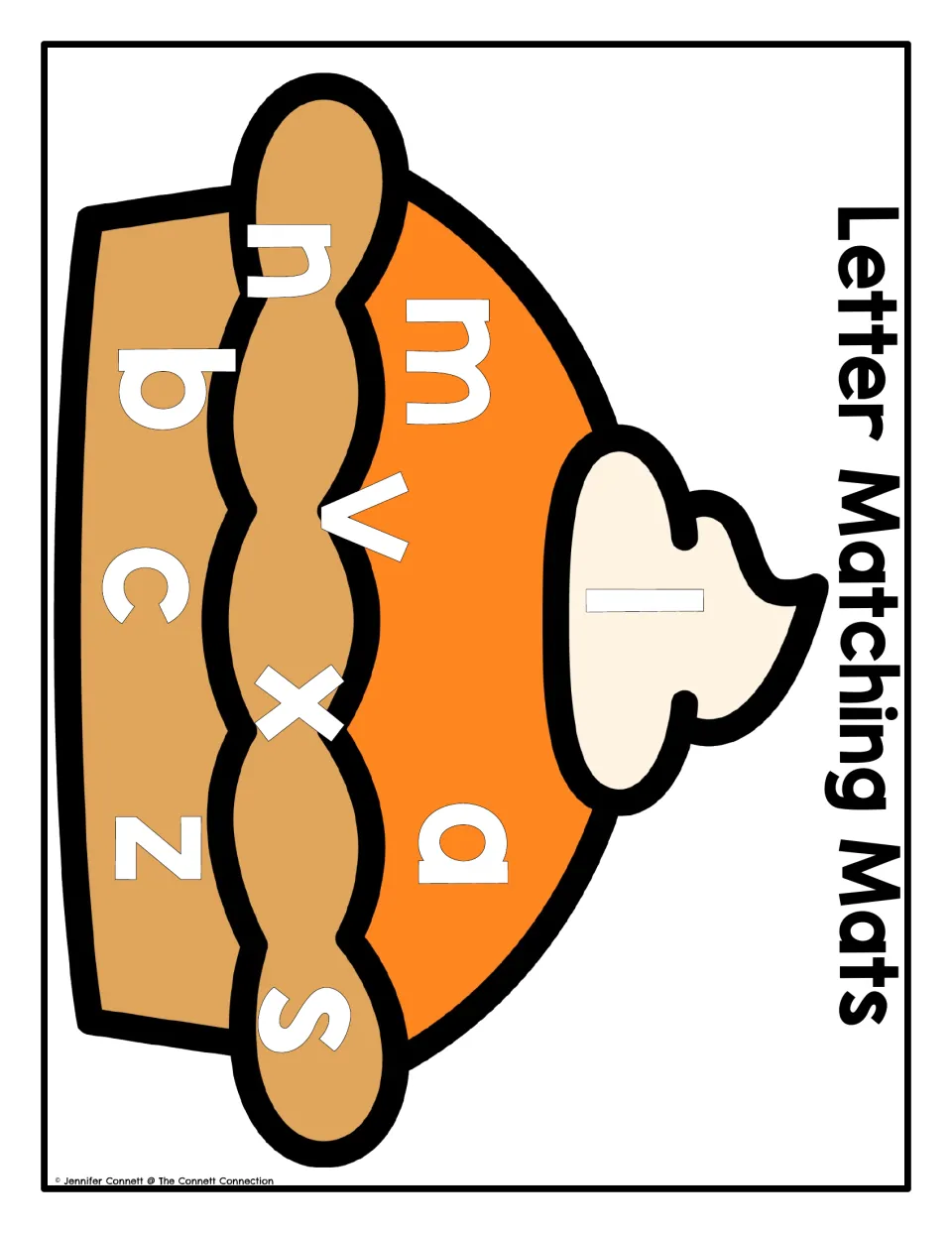 Lowercase pumpkin pie letter matching mat for magnets or tiles, featuring l, m, a, n, v, x, s, b, c and z