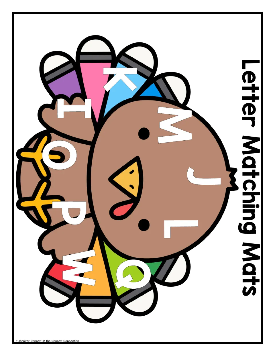 Uppercase turkey letter matching mat for magnets or letter tiles, featuring M, J, L, K, Q, I, O, P and W