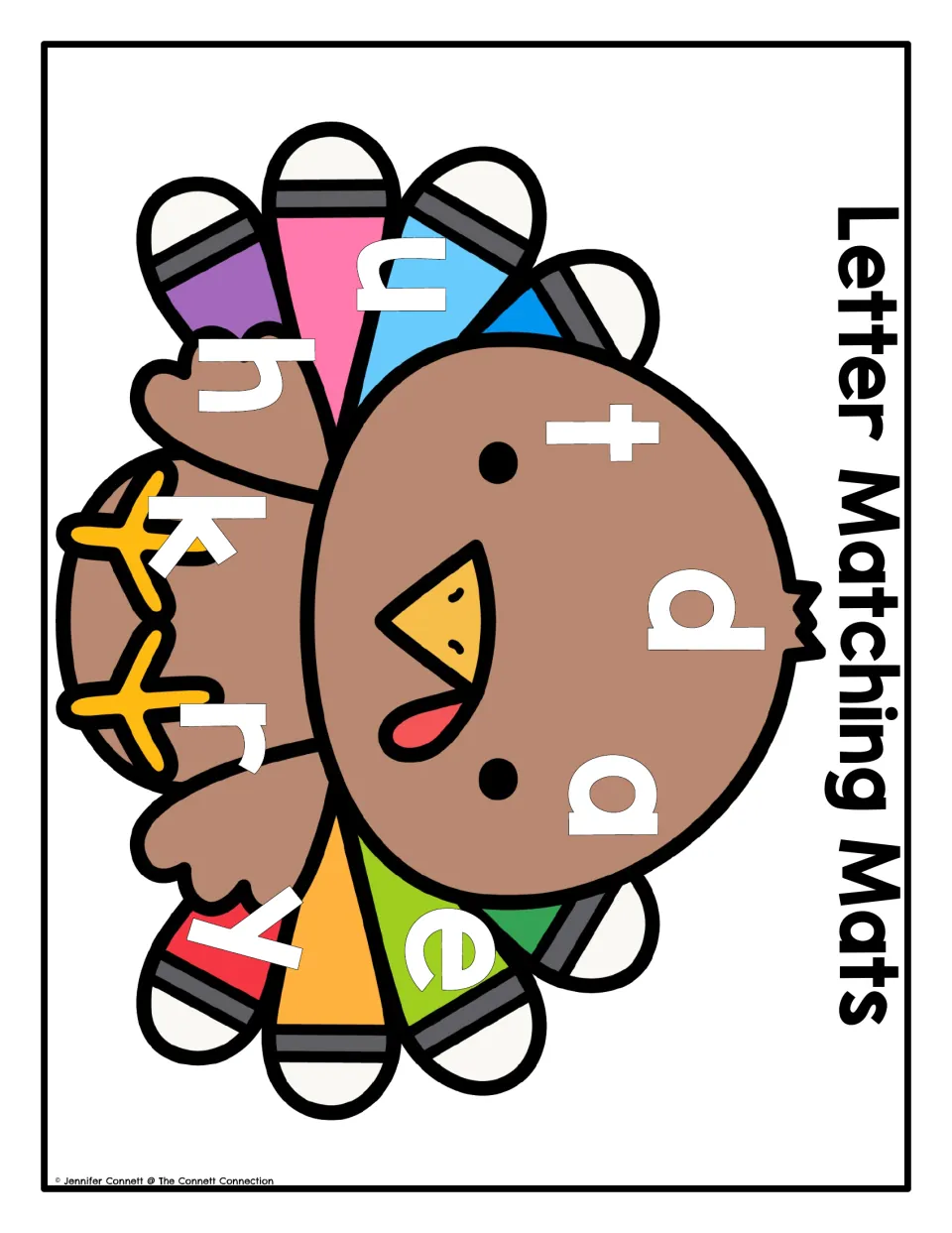 Lowercase turkey letter matching mat for magnets or letter tiles, featuring t, d, a, u, e, h, k, r and y