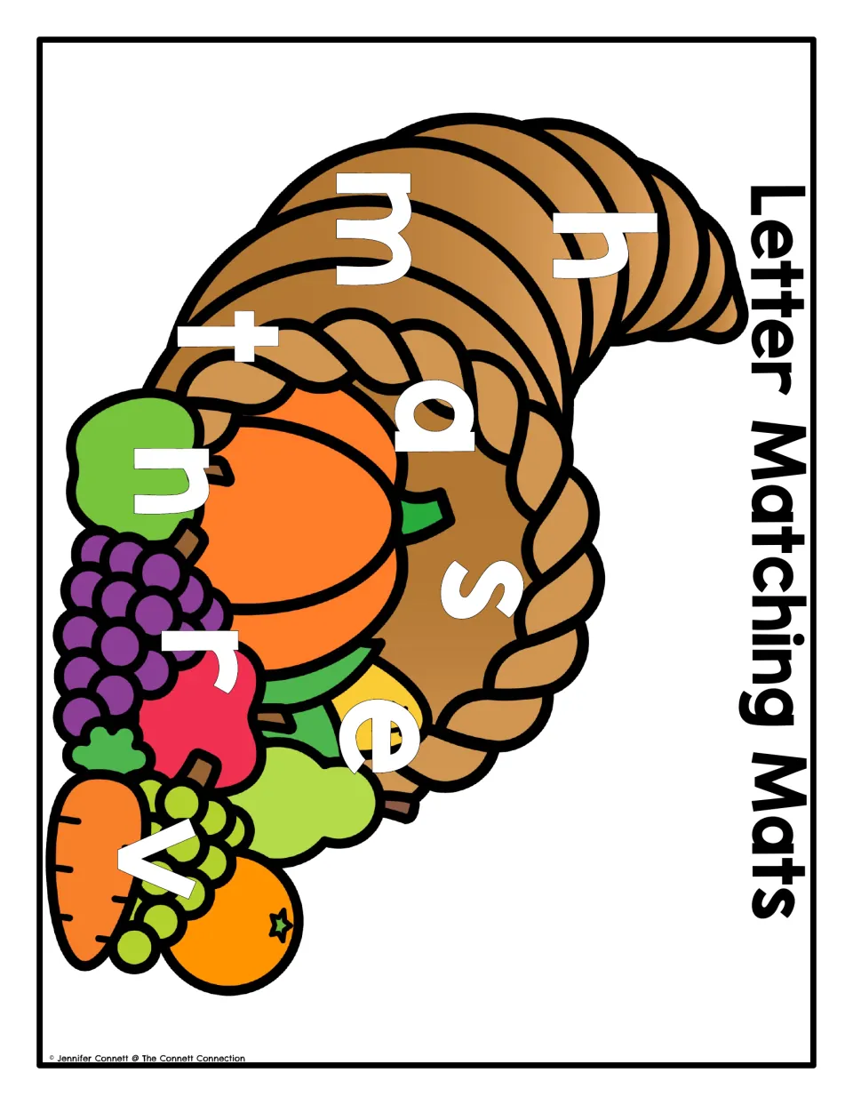 Lowercase cornucopia letter matching mat for magnets or tiles, featuring h, m, a, s, e, t, n, r and v
