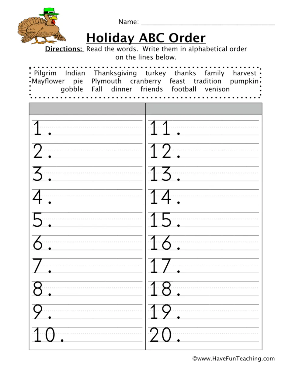 Thanksgiving ABC order practice: alphabetize 20 words, including cranberry, harvest, pumpkin, and turkey.