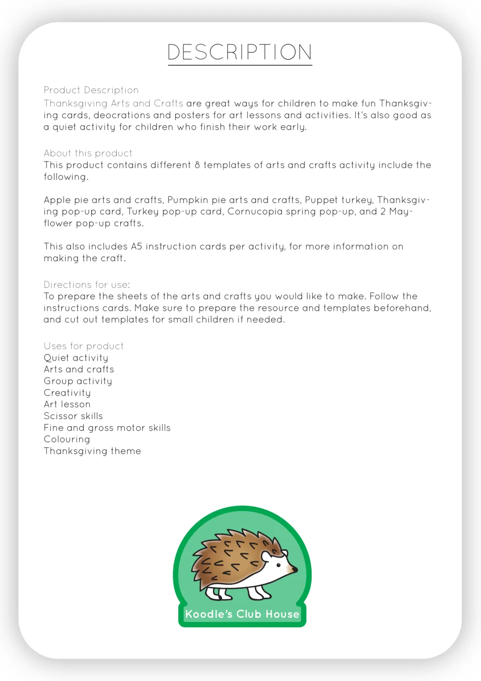 Product description listing the pie, puppet turkey, pop-up card, cornucopia and Mayflower crafts plus directions for use