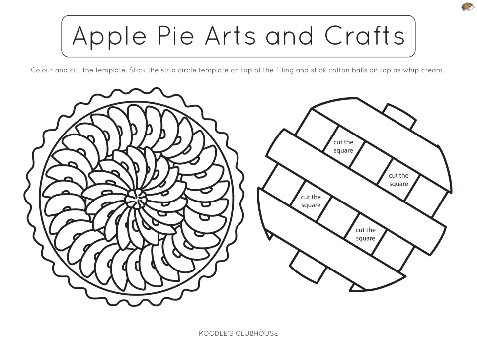 Apple pie craft: students colour and cut an apple-filled pie and a lattice top, then add cotton balls as whipped cream
