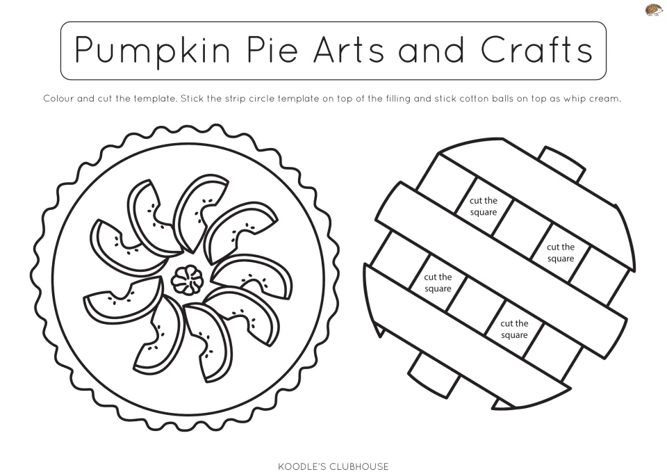 Pumpkin pie craft: students colour and cut a pie with pumpkin slices and a lattice crust, then add cotton ball cream