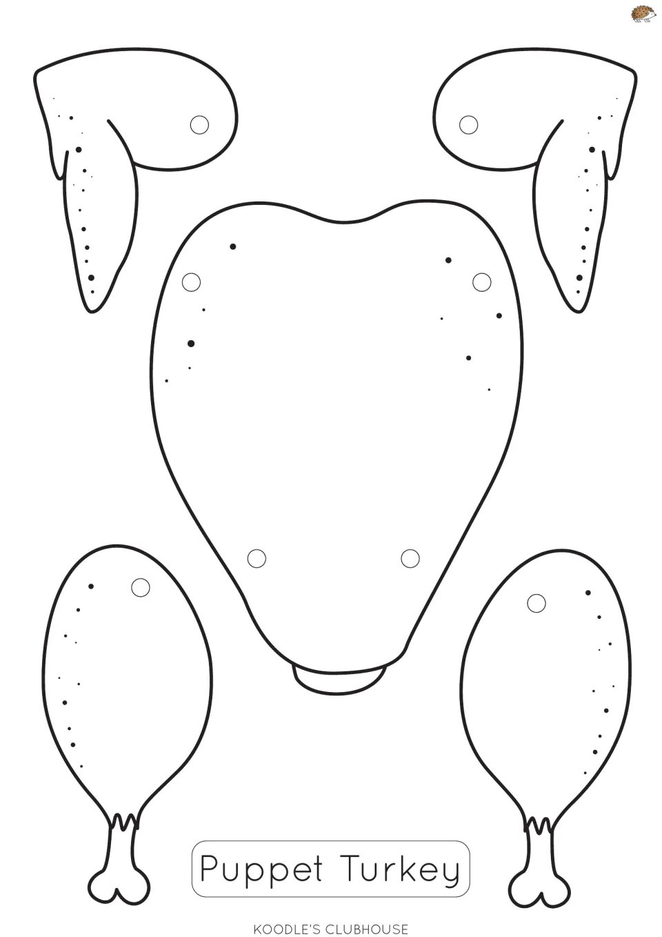 Puppet turkey template: students colour and cut out a turkey body, two wings and two drumstick legs with joining holes