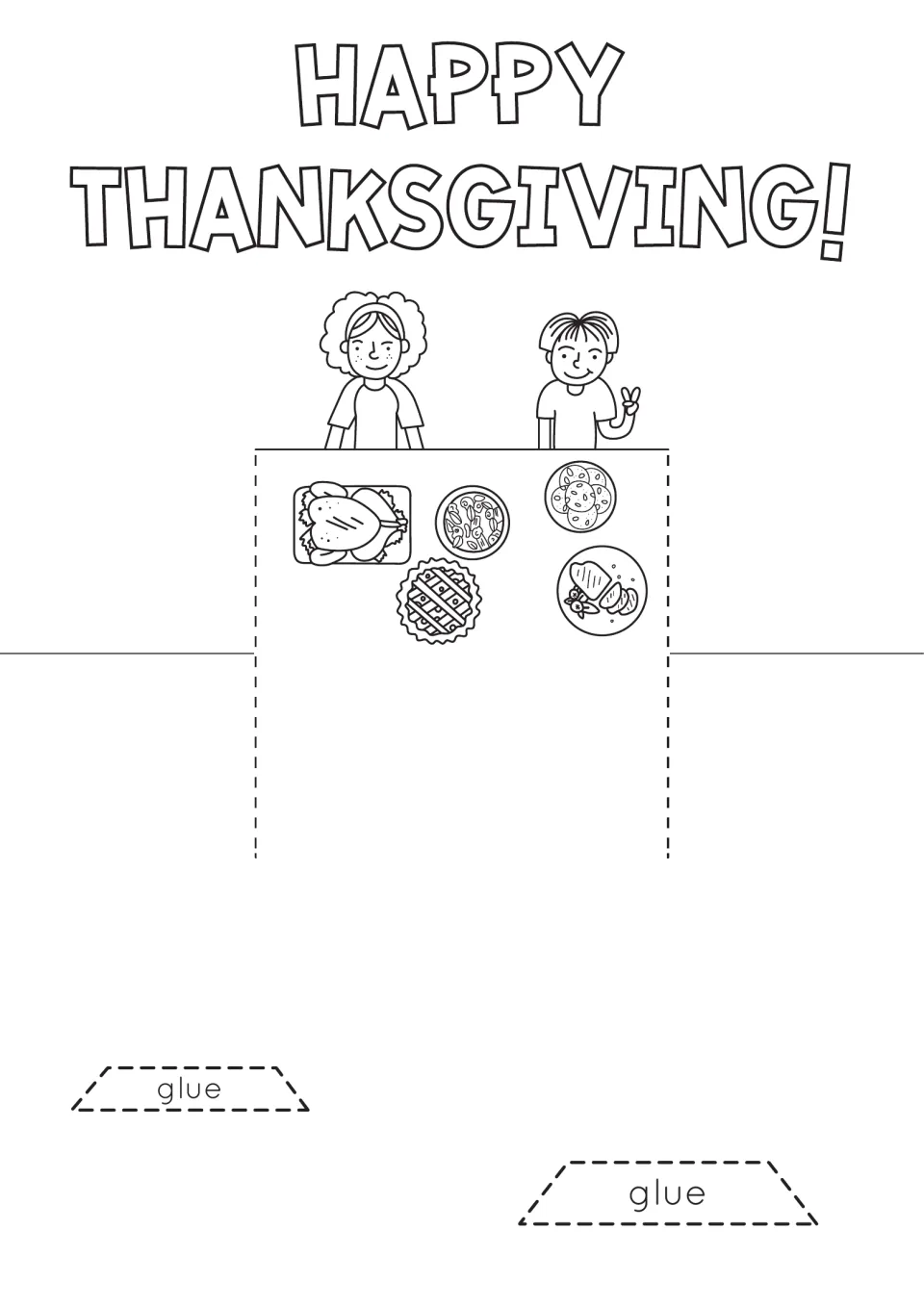 Happy Thanksgiving pop-up card base: students colour two children at a feast table and glue the pop-up pieces below