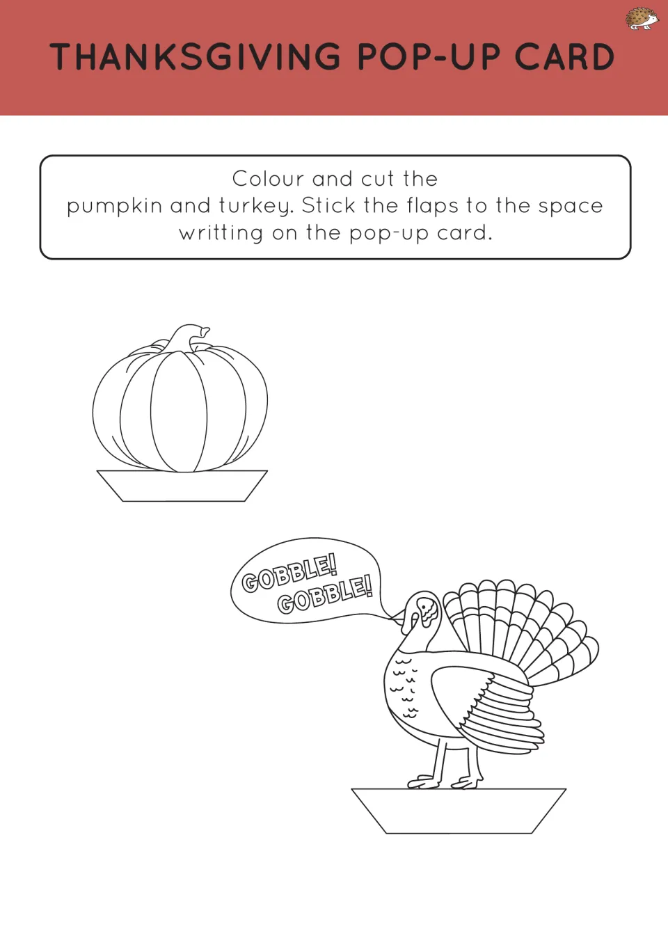 Thanksgiving pop-up card pieces: students colour and cut a pumpkin and a gobbling turkey, then stick the flaps on the card