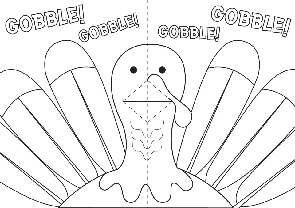 Turkey pop-up card: students colour a fanned-tail turkey with GOBBLE! lettering and fold the dashed beak to make it pop