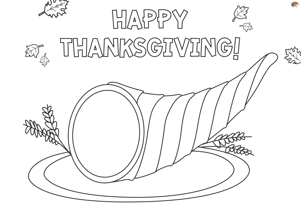 Cornucopia spring pop-up base: a Happy Thanksgiving horn of plenty on a plate with autumn leaves and wheat to colour