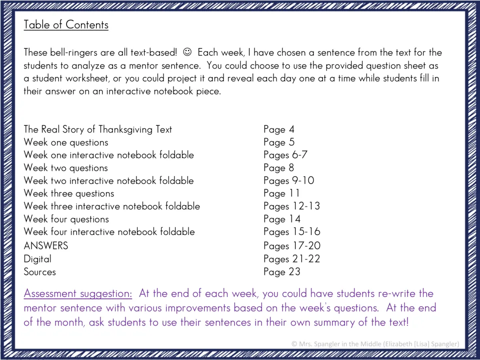 Table of contents lists the Thanksgiving text, four weeks of questions and foldables, answers, and digital pages