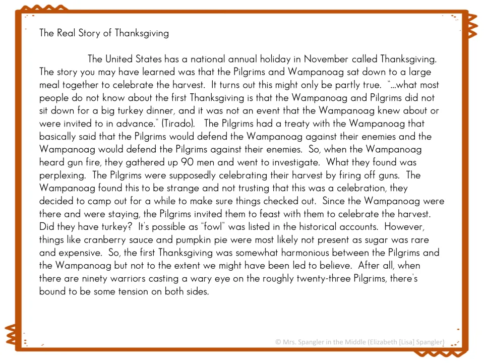 Reading passage, The Real Story of Thanksgiving, describes the Wampanoag, Pilgrims, and a harvest feast