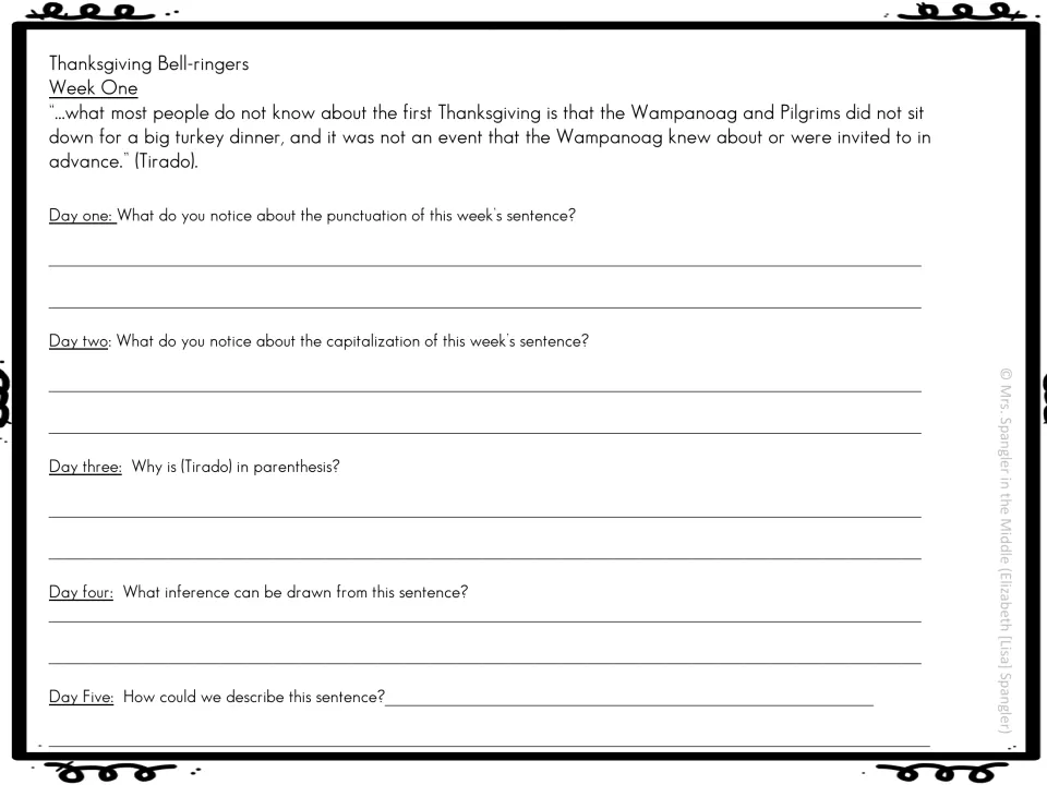 Week one mentor-sentence questions address punctuation, capitalization, the Tirado citation, and inference
