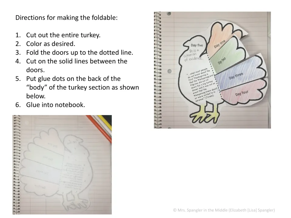 Week one turkey foldable directions explain cutting, coloring, folding, and gluing the piece into a notebook