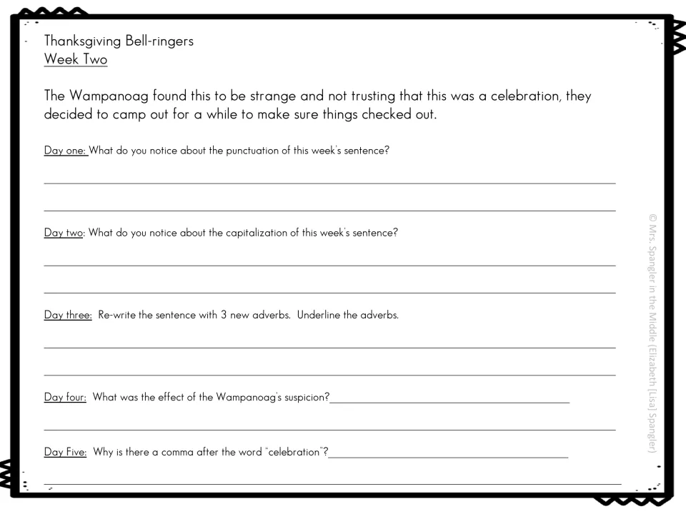 Week two mentor-sentence questions cover punctuation, capitalization, adverbs, and Wampanoag suspicion