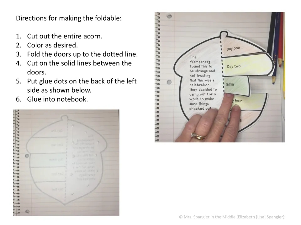 Week two acorn foldable directions explain cutting, coloring, folding, and gluing the piece into a notebook