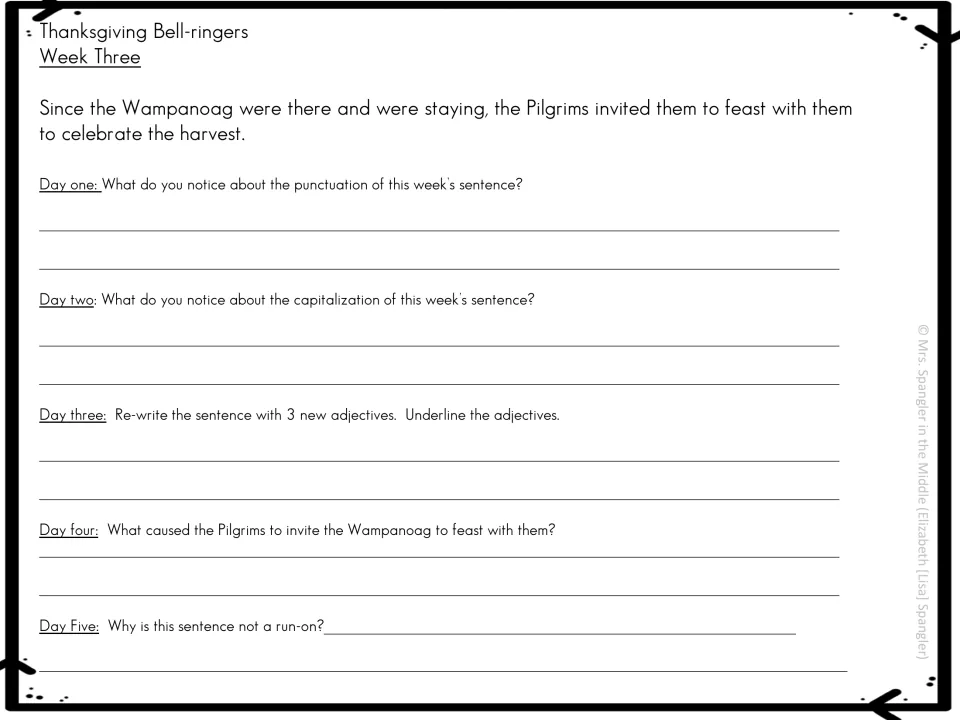 Week three mentor-sentence questions cover punctuation, capitalization, adjectives, causes, and run-ons