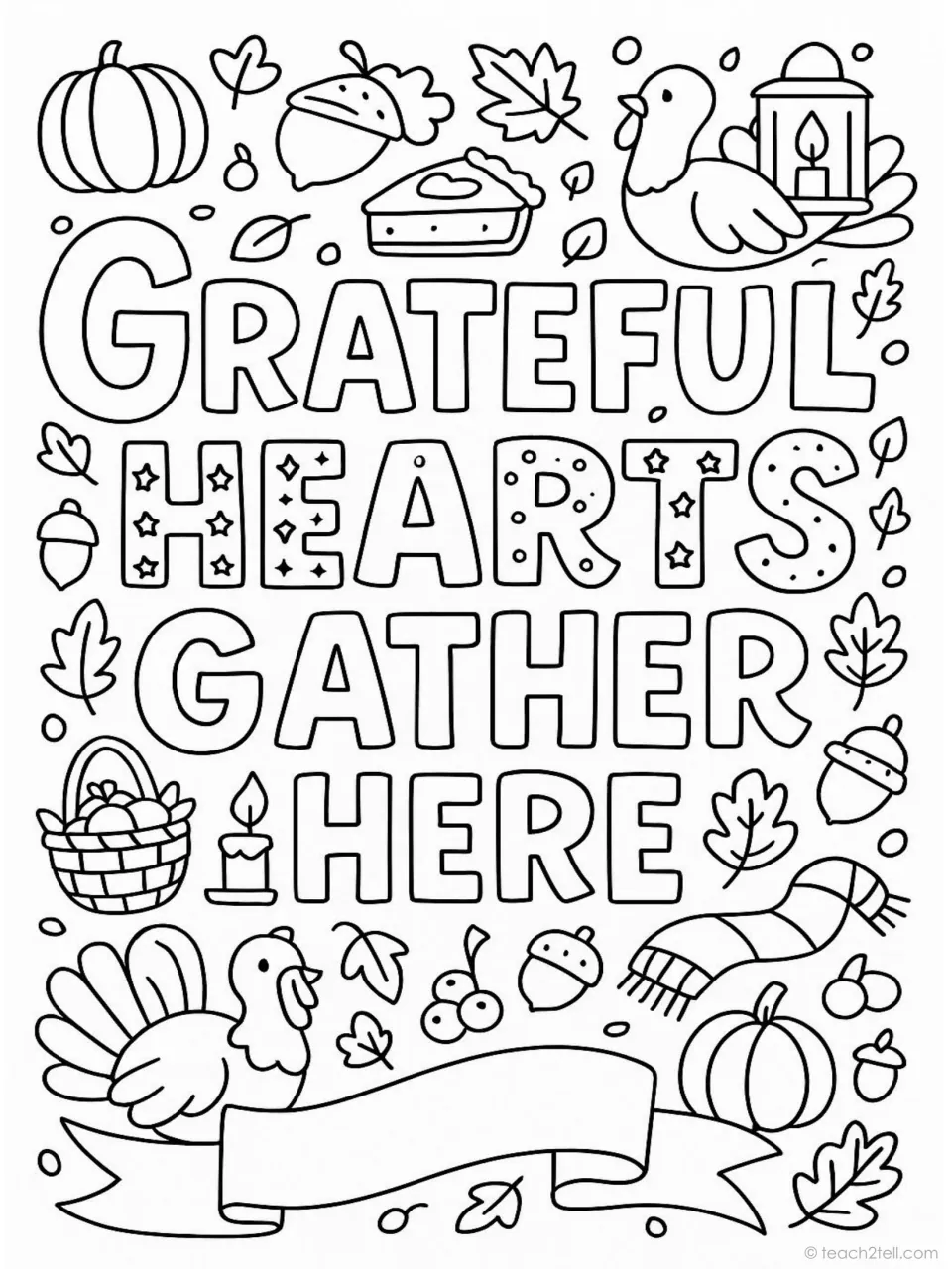 Thanksgiving quote coloring poster: 'Grateful Hearts Gather Here,' with turkeys, pumpkins, and fall leaves