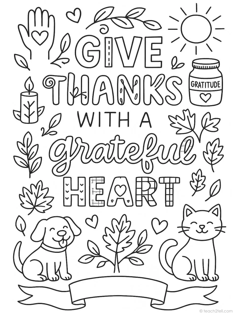 Thanksgiving quote coloring poster: 'Give Thanks with a Grateful Heart,' with a dog, cat, and gratitude jar