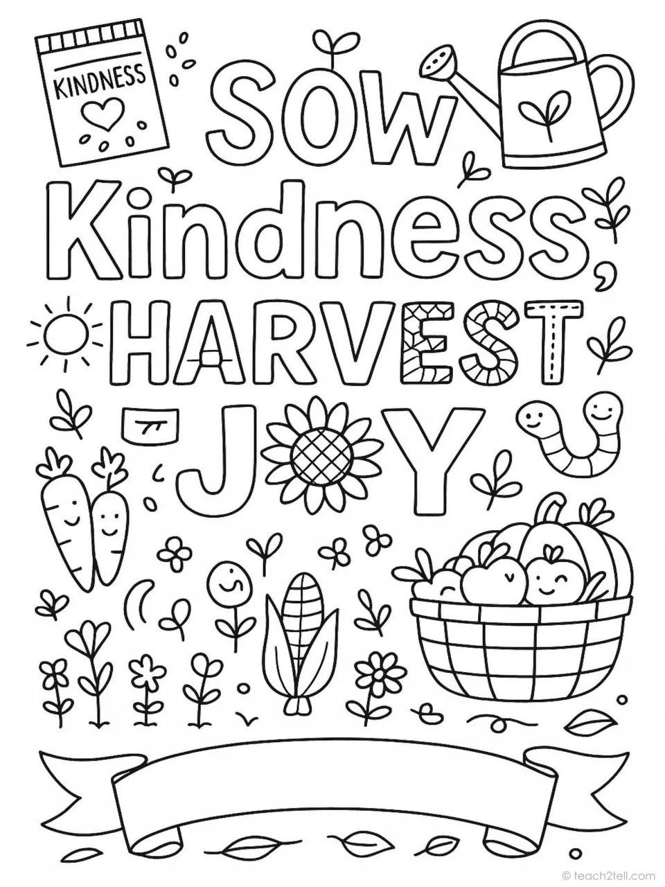 Thanksgiving quote coloring poster: 'Sow Kindness Harvest Joy,' with a watering can and a harvest basket