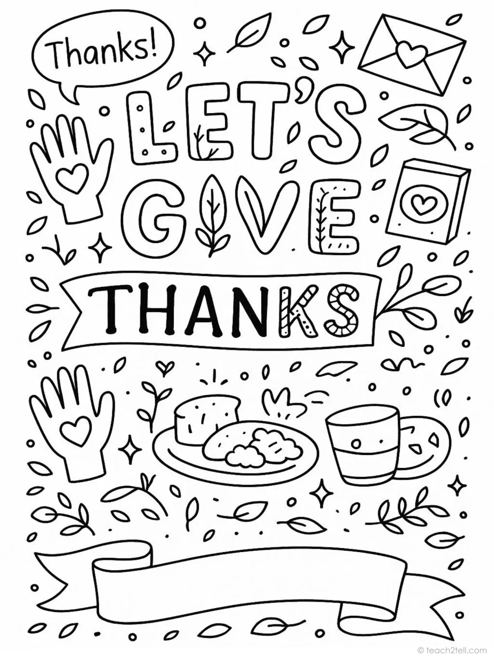 Thanksgiving quote coloring poster: 'Let's Give Thanks,' with a thank-you envelope, food plate, and mug