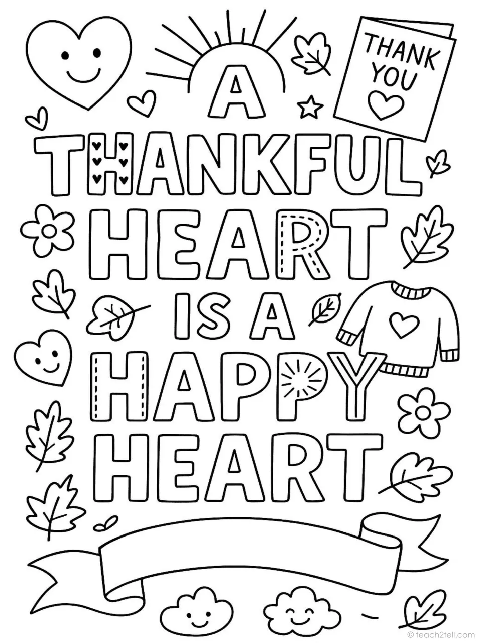 Thanksgiving quote coloring poster: 'A Thankful Heart is a Happy Heart,' with a thank-you card and sweater