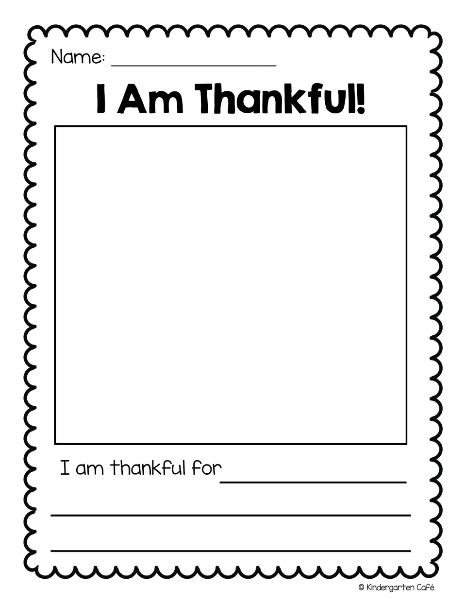 I Am Thankful! writing page: students draw something they are thankful for and complete the sentence I am thankful for