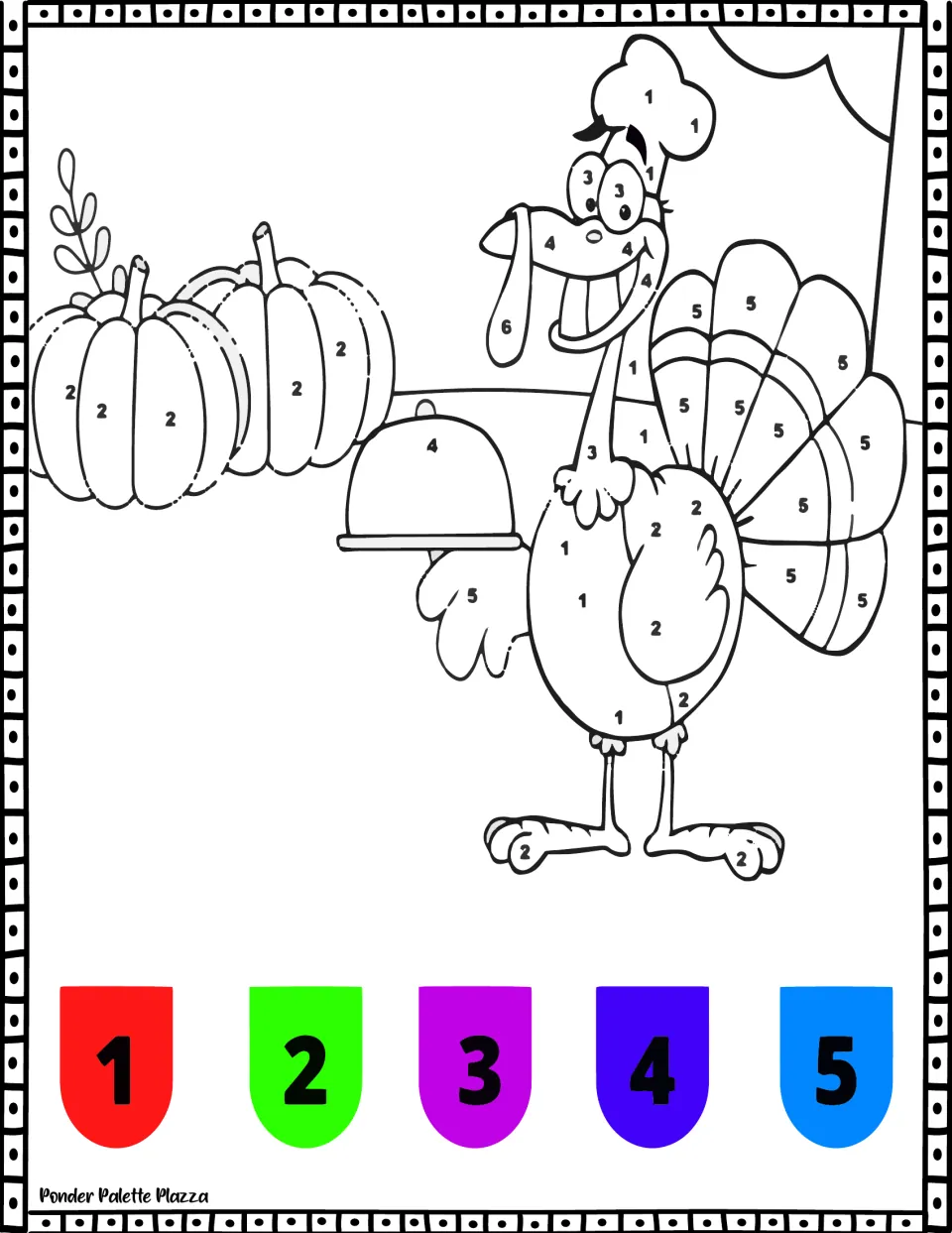 Thanksgiving color-by-number sheet 1: a turkey chef holding a covered dish beside pumpkins, with a 1–5 key