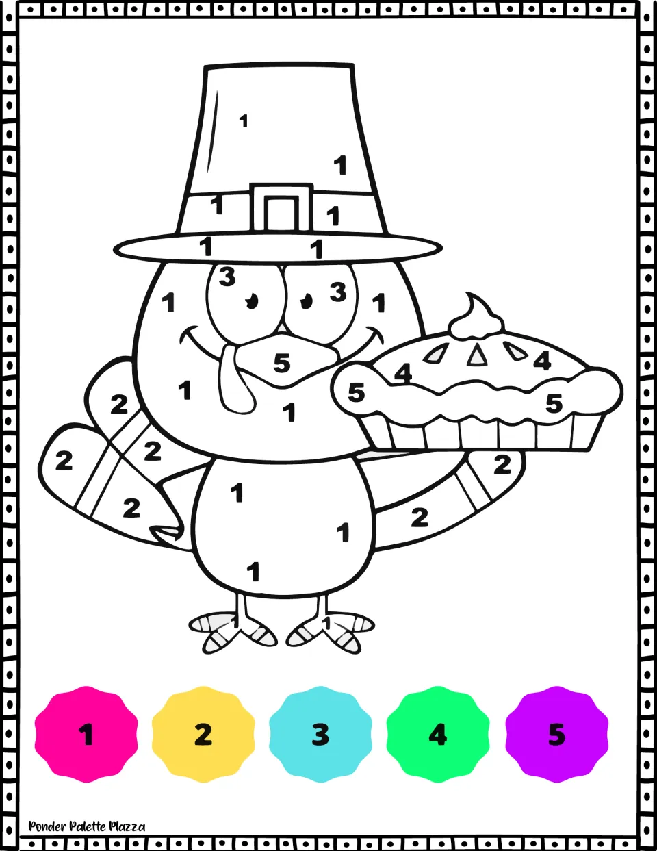 Thanksgiving color-by-number sheet 2: a turkey wearing a buckled hat and holding a pie, with a 1–5 color key