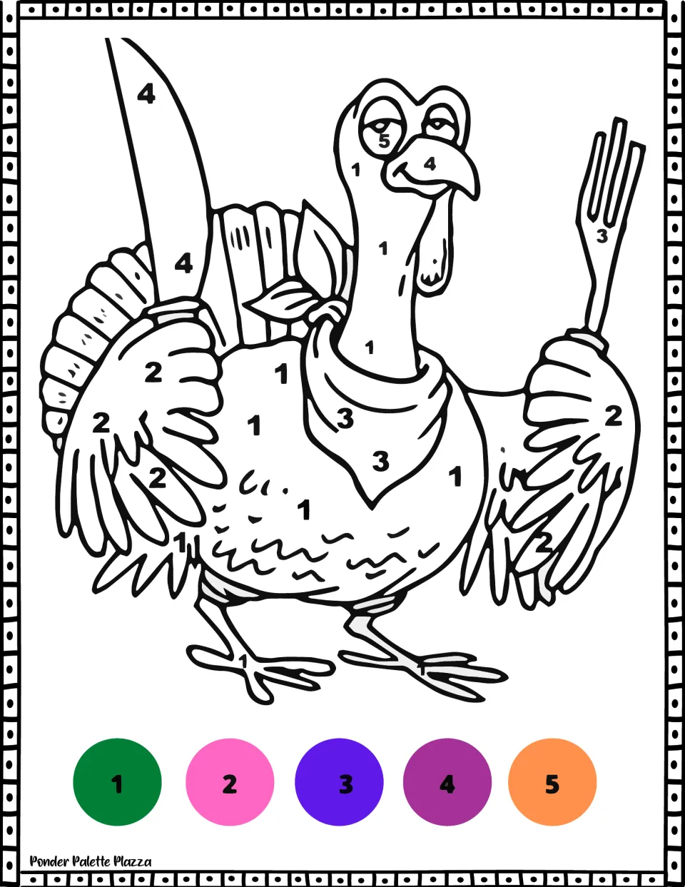 Thanksgiving color-by-number sheet 3: a turkey wearing a neckerchief and holding a knife and fork