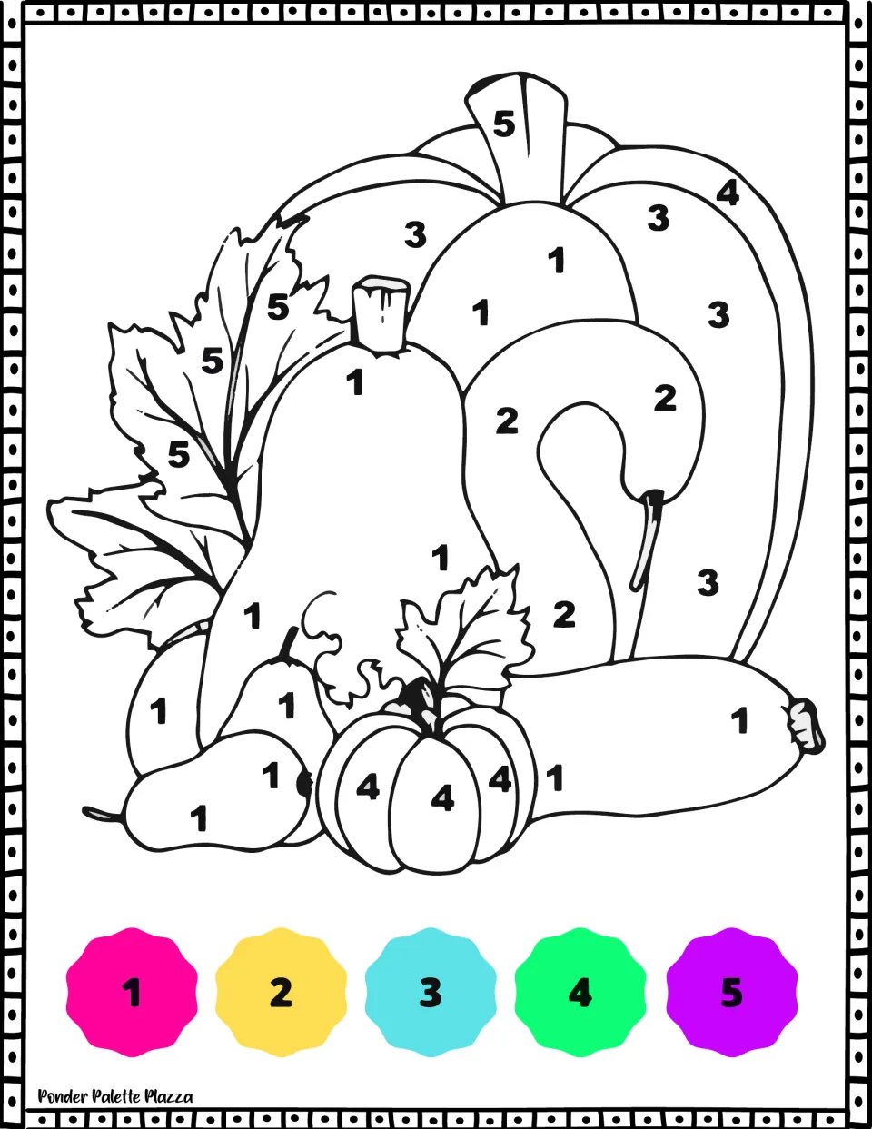 Thanksgiving color-by-number sheet 4: a harvest arrangement of pumpkins, gourds, and leaves, with a 1–5 key