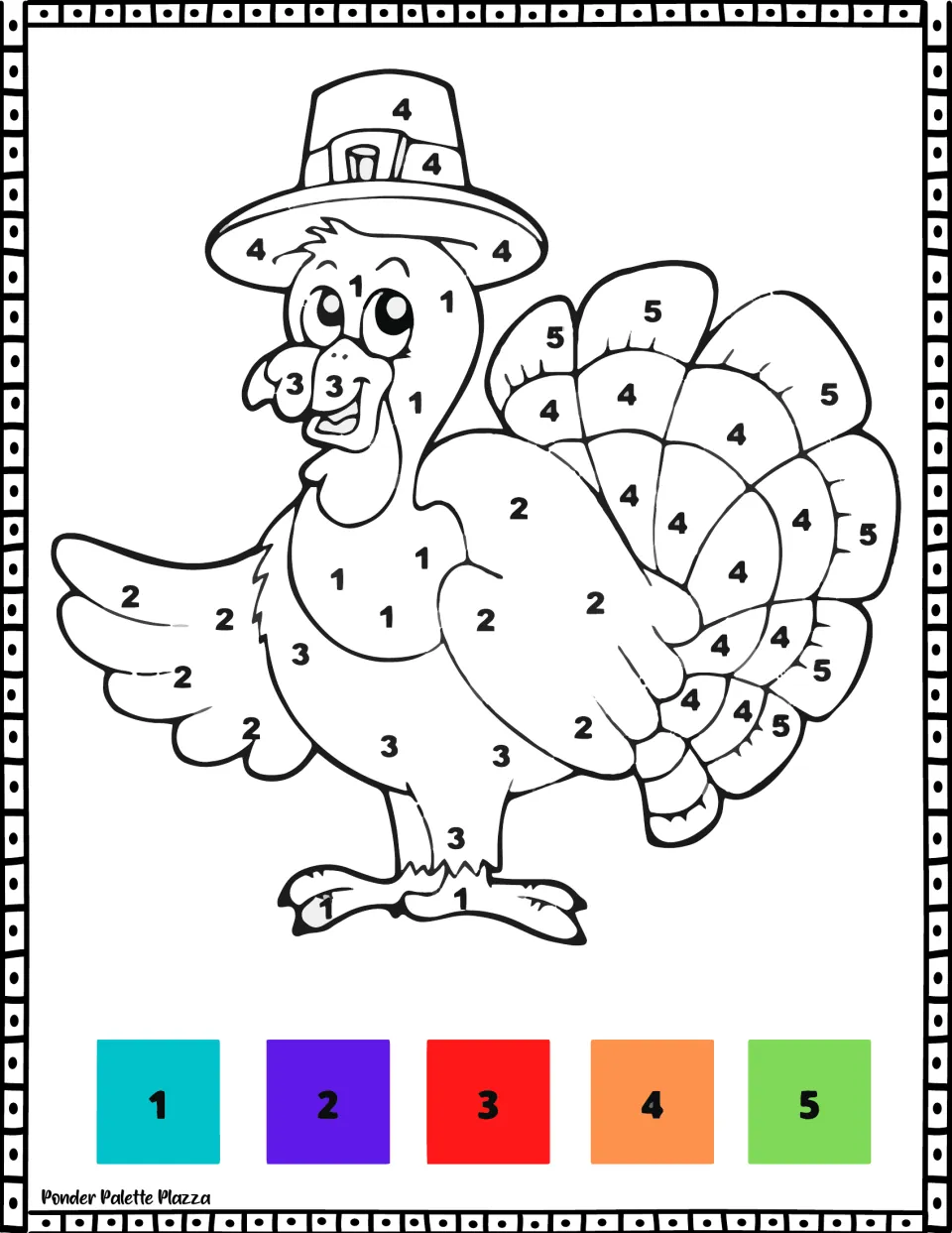 Thanksgiving color-by-number sheet 5: a turkey in a buckled hat spreading its wings, with a 1–5 color key