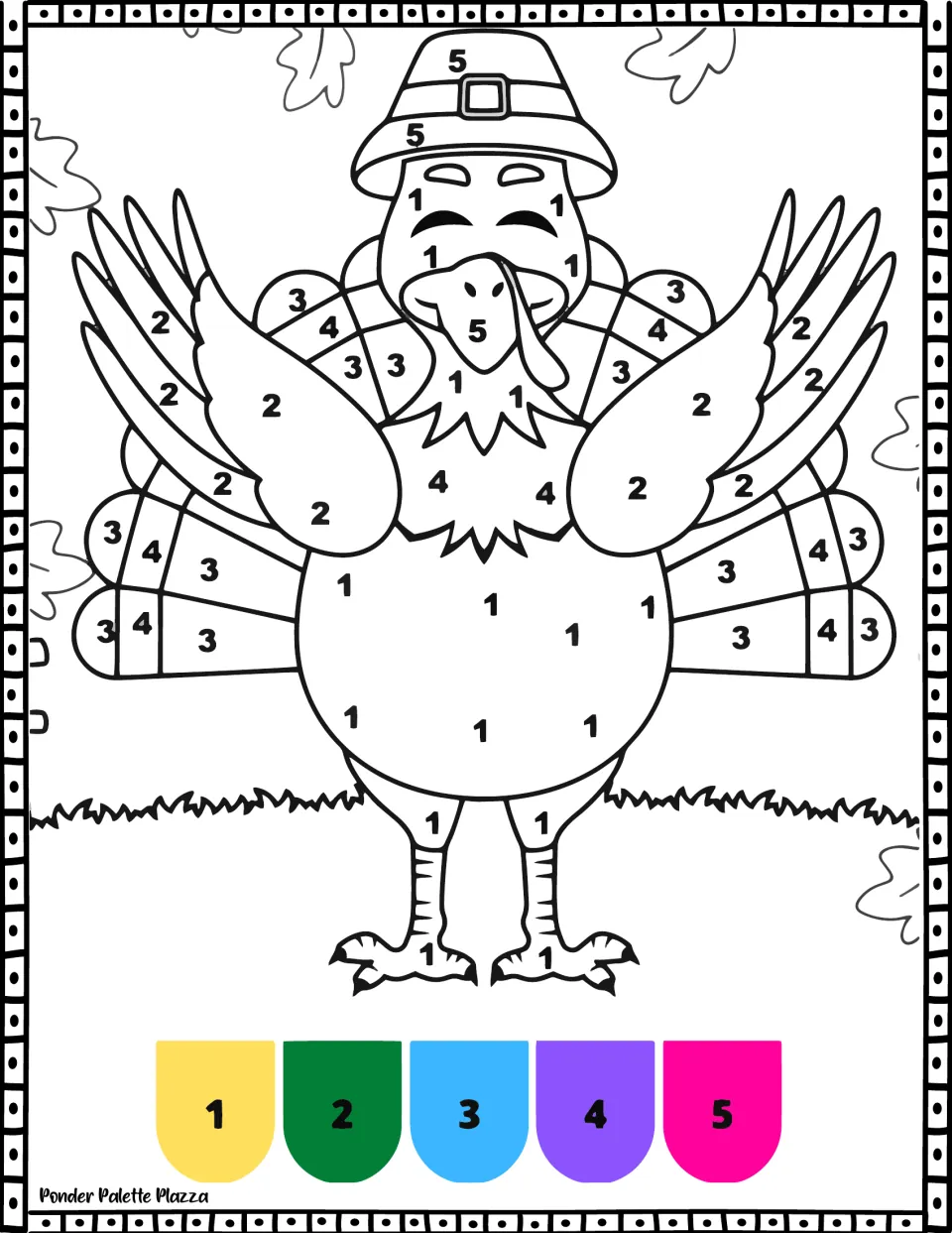 Turkey color by number: students match 1-5 to a yellow, green, blue, purple and pink key to color a pilgrim-hat turkey