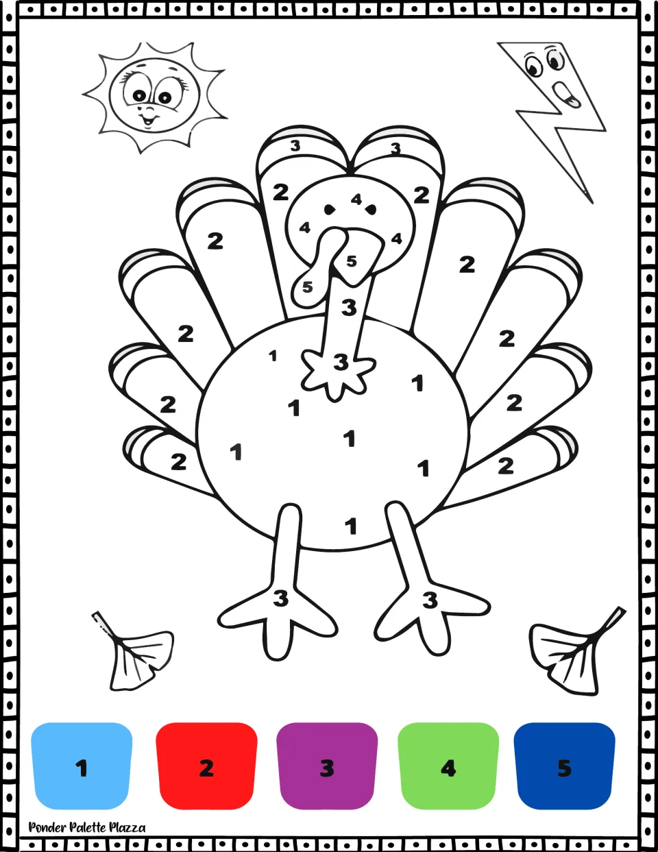 Fan-tailed turkey color by number: students use a red, blue, purple and green key to color a turkey beside a smiling sun