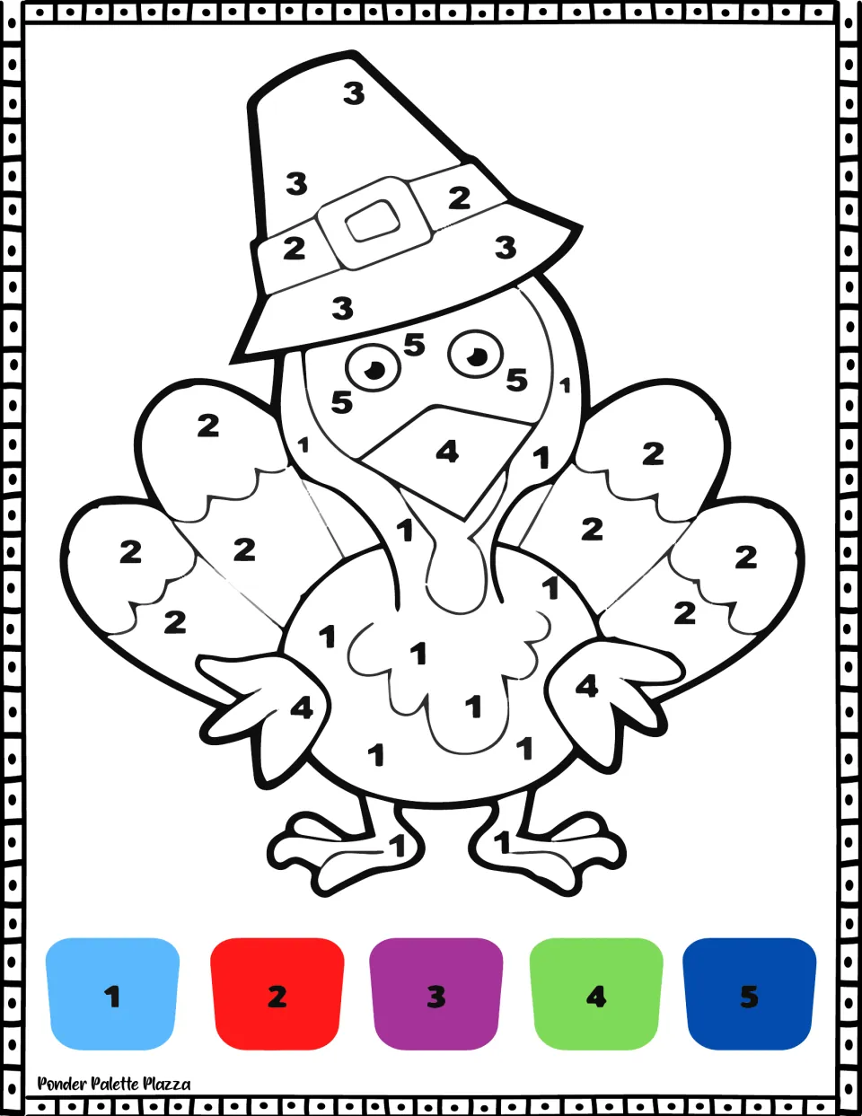 Pilgrim turkey color by number: students read numbers 1-5 and color a turkey in a tall buckled hat using a five-color key