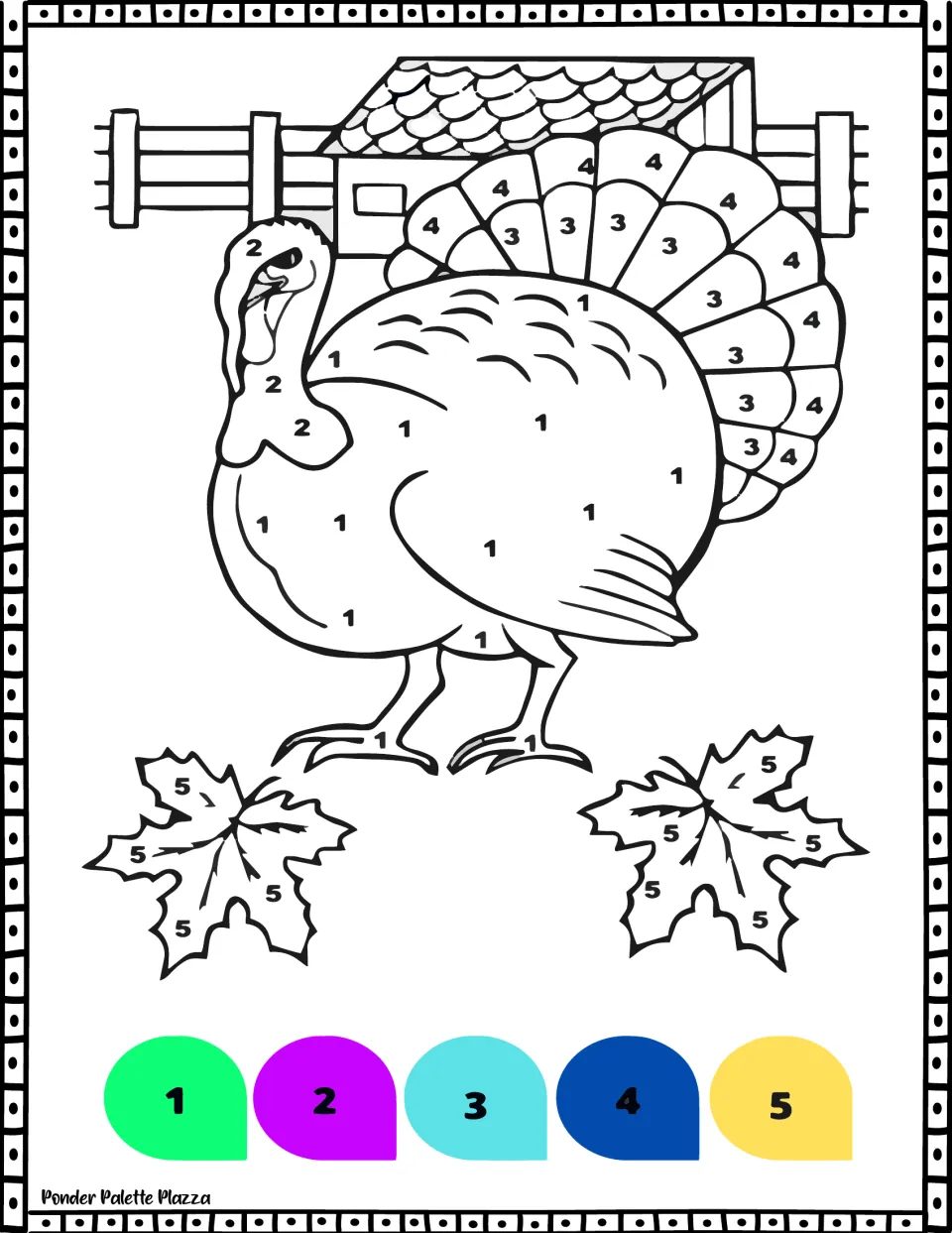 Farm turkey color by number: students color a turkey by a fence and barn plus two maple leaves by following a 1-5 color key
