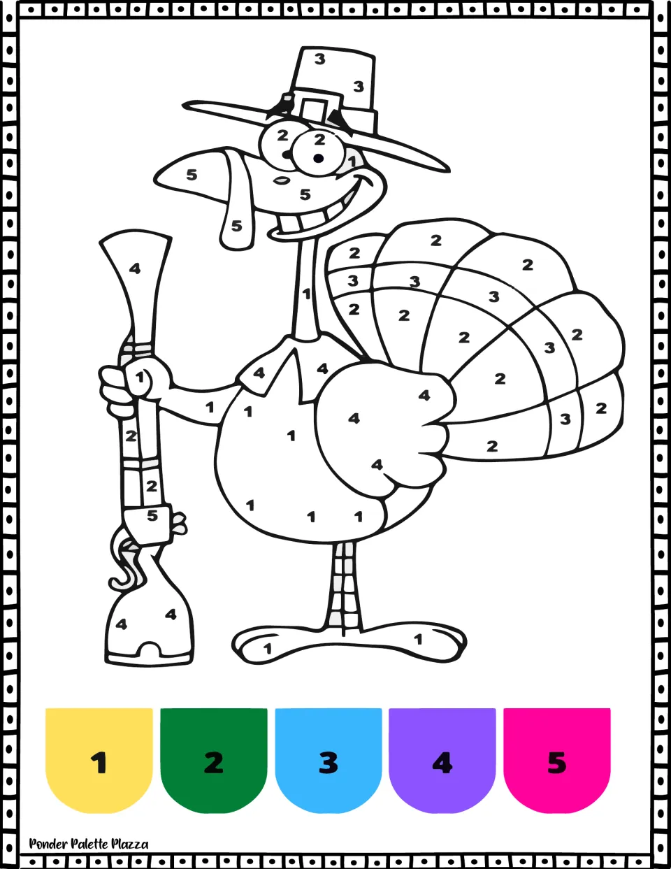 Cartoon turkey with a musket color by number: students follow a 1-5 key of yellow, green, blue, purple and pink to color it