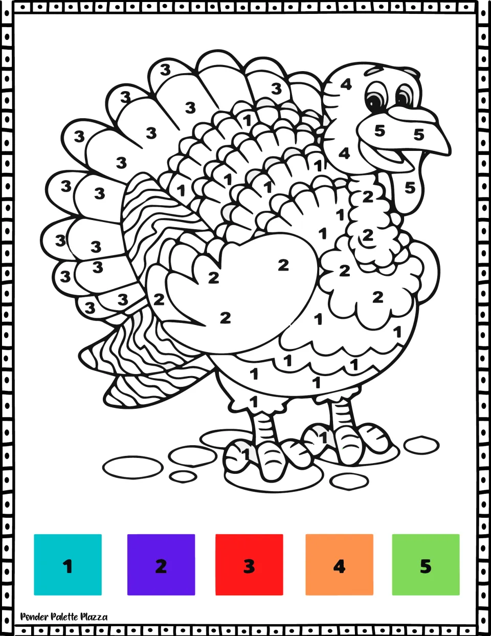 Thanksgiving color-by-number activity 1: a turkey with layered tail feathers and a color key numbered 1–5