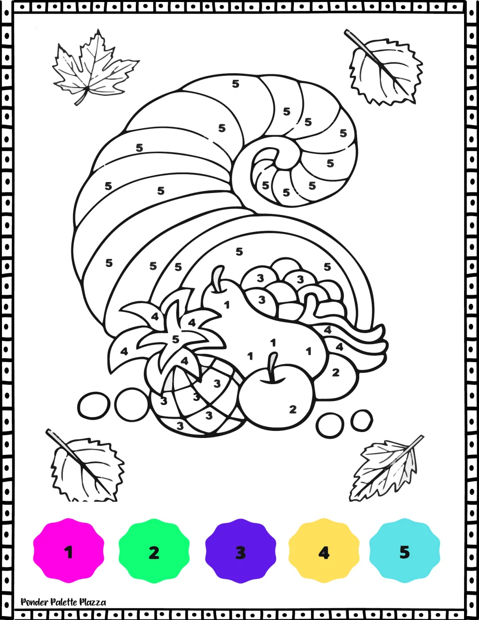 Thanksgiving color-by-number activity 2: a cornucopia filled with fruit and a color key numbered 1–5