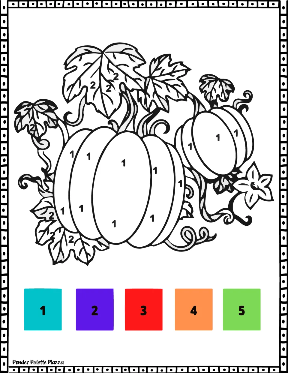 Thanksgiving color-by-number activity 3: two pumpkins marked 1 and leaves marked 2, with a 1–5 color key