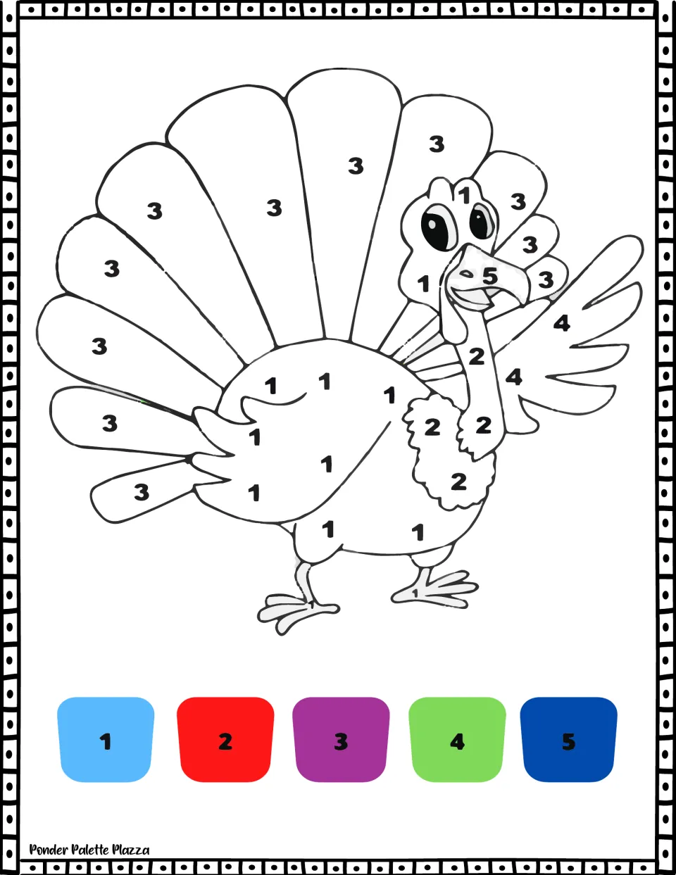 Thanksgiving color-by-number activity 4: a turkey raising one wing, with tail feathers numbered 3