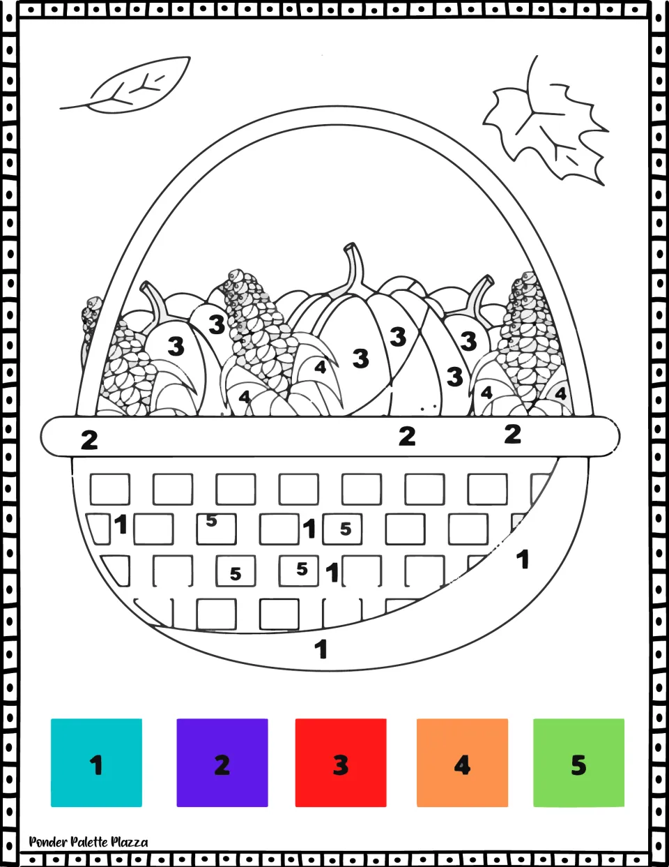 Thanksgiving color-by-number activity 5: a harvest basket holding pumpkins and corn, with a 1–5 color key