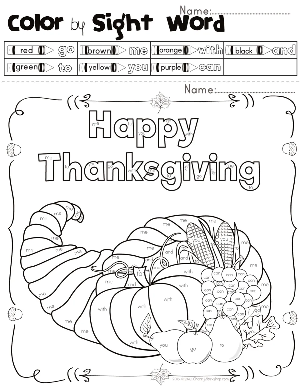 Sight word coloring sheet: Happy Thanksgiving and a cornucopia coded with go, me, with, and, to, you, can