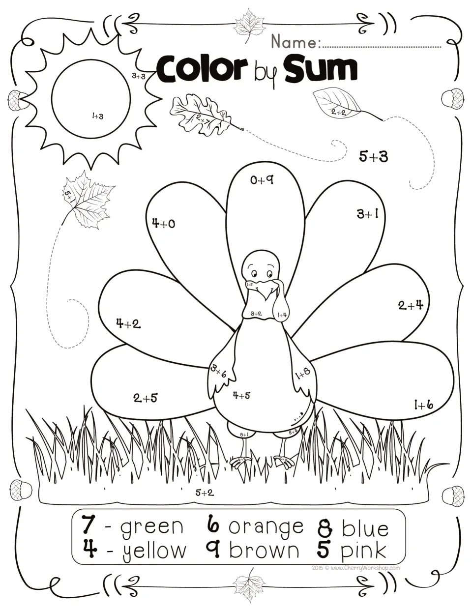 Turkey color by sum: students add facts like 4+2 and 0+9 on a turkey, leaves and sun, then color by the sums 4 to 9