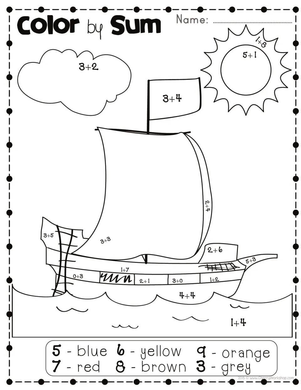 Sailing ship coloring math: students solve sums such as 3+4 and 1+8 on a ship, sun and cloud, then use a six-color key