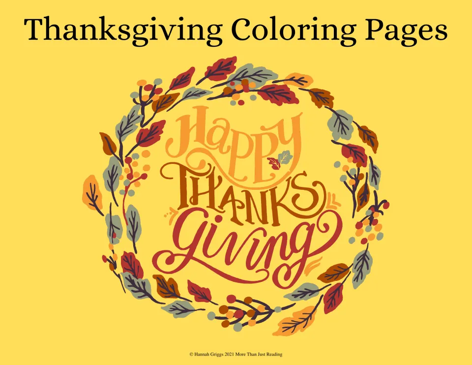 Cover of Thanksgiving Coloring Pages featuring 'Happy Thanksgiving' surrounded by autumn leaves and berries