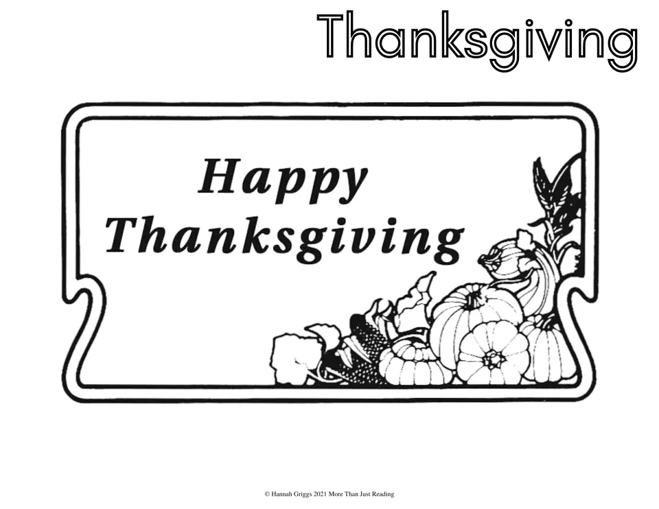 Thanksgiving coloring sheet labeled 'Thanksgiving' with 'Happy Thanksgiving,' pumpkins, corn, and leaves